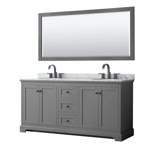 Avery 72 Inch Double Bathroom Vanity in Dark Gray White Carrara Marble Countertop Undermount Oval Sinks Matte Black Trim 70 Inch Mirror