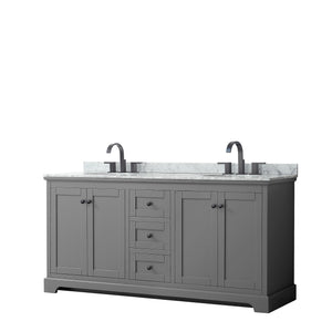 Avery 72 Inch Double Bathroom Vanity in Dark Gray White Carrara Marble Countertop Undermount Oval Sinks Matte Black Trim