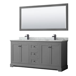 Avery 72 Inch Double Bathroom Vanity in Dark Gray White Carrara Marble Countertop Undermount Square Sinks Matte Black Trim 70 Inch Mirror