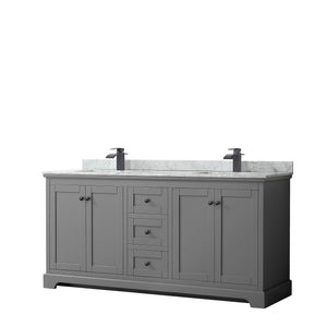 Avery 72 Inch Double Bathroom Vanity in Dark Gray White Carrara Marble Countertop Undermount Square Sinks Matte Black Trim