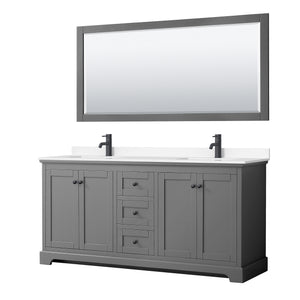 Avery 72 Inch Double Bathroom Vanity in Dark Gray White Cultured Marble Countertop Undermount Square Sinks Matte Black Trim 70 Inch Mirror