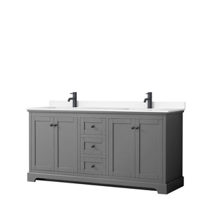 Avery 72 Inch Double Bathroom Vanity in Dark Gray White Cultured Marble Countertop Undermount Square Sinks Matte Black Trim