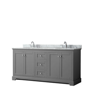 Avery 72 Inch Double Bathroom Vanity in Dark Gray White Carrara Marble Countertop Undermount Oval Sinks and No Mirror