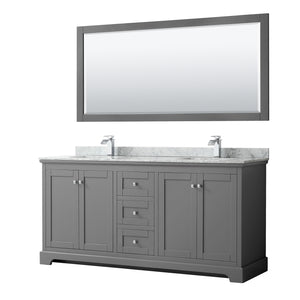 Avery 72 Inch Double Bathroom Vanity in Dark Gray White Carrara Marble Countertop Undermount Square Sinks and 70 Inch Mirror