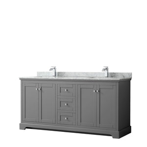 Avery 72 Inch Double Bathroom Vanity in Dark Gray White Carrara Marble Countertop Undermount Square Sinks and No Mirror