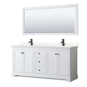Avery 72 Inch Double Bathroom Vanity in White Carrara Cultured Marble Countertop Undermount Square Sinks Matte Black Trim 70 Inch Mirror