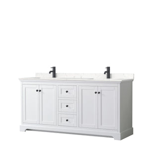 Avery 72 Inch Double Bathroom Vanity in White Carrara Cultured Marble Countertop Undermount Square Sinks Matte Black Trim
