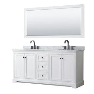 Avery 72 Inch Double Bathroom Vanity in White White Carrara Marble Countertop Undermount Oval Sinks Matte Black Trim 70 Inch Mirror