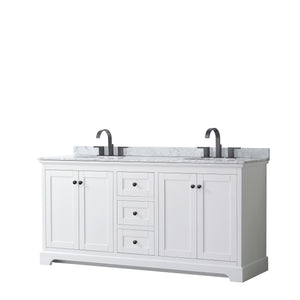 Avery 72 Inch Double Bathroom Vanity in White White Carrara Marble Countertop Undermount Oval Sinks Matte Black Trim
