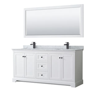 Avery 72 Inch Double Bathroom Vanity in White White Carrara Marble Countertop Undermount Square Sinks Matte Black Trim 70 Inch Mirror