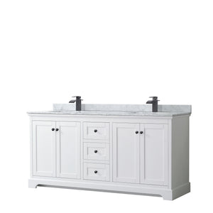 Avery 72 Inch Double Bathroom Vanity in White White Carrara Marble Countertop Undermount Square Sinks Matte Black Trim