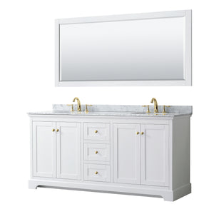 Avery 72 Inch Double Bathroom Vanity in White White Carrara Marble Countertop Undermount Oval Sinks 70 Inch Mirror Brushed Gold Trim