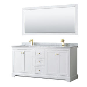 Avery 72 Inch Double Bathroom Vanity in White White Carrara Marble Countertop Undermount Square Sinks 70 Inch Mirror Brushed Gold Trim