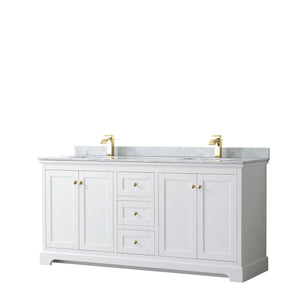 Avery 72 Inch Double Bathroom Vanity in White White Carrara Marble Countertop Undermount Square Sinks Brushed Gold Trim