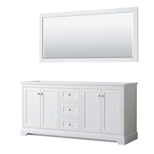 Avery 72 Inch Double Bathroom Vanity in White No Countertop No Sinks 70 Inch Mirror Brushed Gold Trim