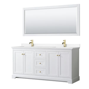 Avery 72 Inch Double Bathroom Vanity in White White Cultured Marble Countertop Undermount Square Sinks 70 Inch Mirror Brushed Gold Trim