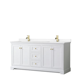 Avery 72 Inch Double Bathroom Vanity in White White Cultured Marble Countertop Undermount Square Sinks Brushed Gold Trim