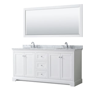 Avery 72 Inch Double Bathroom Vanity in White White Carrara Marble Countertop Undermount Oval Sinks and 70 Inch Mirror
