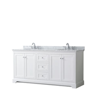 Avery 72 Inch Double Bathroom Vanity in White White Carrara Marble Countertop Undermount Oval Sinks and No Mirror