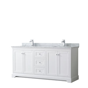 Avery 72 Inch Double Bathroom Vanity in White White Carrara Marble Countertop Undermount Square Sinks and No Mirror