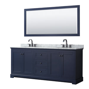 Avery 80 Inch Double Bathroom Vanity in Dark Blue White Carrara Marble Countertop Undermount Oval Sinks Matte Black Trim 70 Inch Mirror