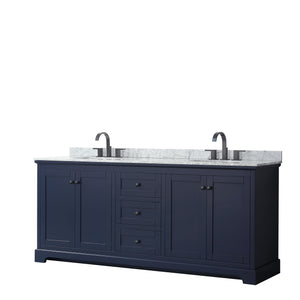 Avery 80 Inch Double Bathroom Vanity in Dark Blue White Carrara Marble Countertop Undermount Oval Sinks Matte Black Trim