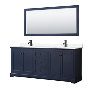 Avery 80 Inch Double Bathroom Vanity in Dark Blue White Cultured Marble Countertop Undermount Square Sinks Matte Black Trim 70 Inch Mirror