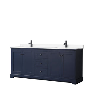 Avery 80 Inch Double Bathroom Vanity in Dark Blue White Cultured Marble Countertop Undermount Square Sinks Matte Black Trim