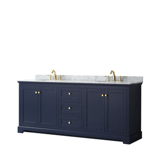 Avery 80 Inch Double Bathroom Vanity in Dark Blue White Carrara Marble Countertop Undermount Oval Sinks and No Mirror