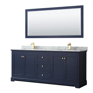 Avery 80 Inch Double Bathroom Vanity in Dark Blue White Carrara Marble Countertop Undermount Square Sinks and 70 Inch Mirror