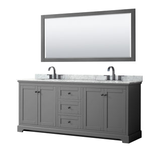 Avery 80 Inch Double Bathroom Vanity in Dark Gray White Carrara Marble Countertop Undermount Oval Sinks Matte Black Trim 70 Inch Mirror