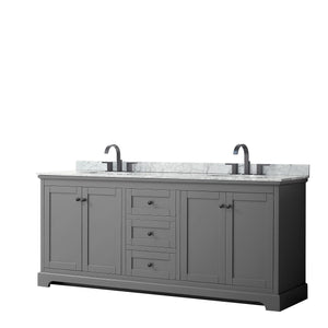 Avery 80 Inch Double Bathroom Vanity in Dark Gray White Carrara Marble Countertop Undermount Oval Sinks Matte Black Trim