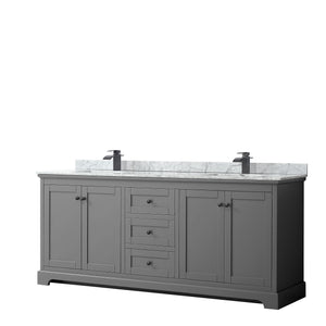 Avery 80 Inch Double Bathroom Vanity in Dark Gray White Carrara Marble Countertop Undermount Square Sinks Matte Black Trim