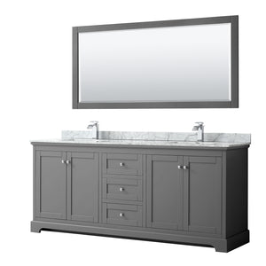 Avery 80 Inch Double Bathroom Vanity in Dark Gray White Carrara Marble Countertop Undermount Square Sinks and 70 Inch Mirror