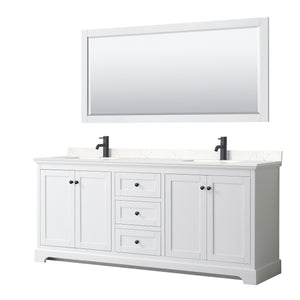 Avery 80 Inch Double Bathroom Vanity in White Carrara Cultured Marble Countertop Undermount Square Sinks Matte Black Trim 70 Inch Mirror