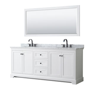 Avery 80 Inch Double Bathroom Vanity in White White Carrara Marble Countertop Undermount Oval Sinks Matte Black Trim 70 Inch Mirror
