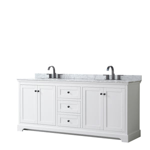 Avery 80 Inch Double Bathroom Vanity in White White Carrara Marble Countertop Undermount Oval Sinks Matte Black Trim
