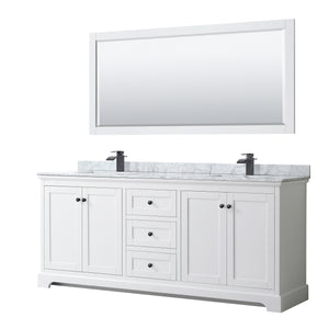 Avery 80 Inch Double Bathroom Vanity in White White Carrara Marble Countertop Undermount Square Sinks Matte Black Trim 70 Inch Mirror