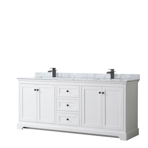 Avery 80 Inch Double Bathroom Vanity in White White Carrara Marble Countertop Undermount Square Sinks Matte Black Trim