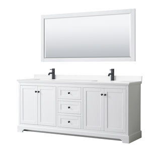 Avery 80 Inch Double Bathroom Vanity in White White Cultured Marble Countertop Undermount Square Sinks Matte Black Trim 70 Inch Mirror