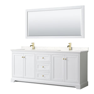 Avery 80 Inch Double Bathroom Vanity in White Carrara Cultured Marble Countertop Undermount Square Sinks 70 Inch Mirror Brushed Gold Trim