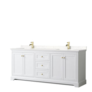 Avery 80 Inch Double Bathroom Vanity in White Carrara Cultured Marble Countertop Undermount Square Sinks Brushed Gold Trim