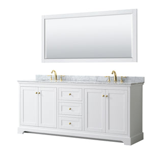 Avery 80 Inch Double Bathroom Vanity in White White Carrara Marble Countertop Undermount Oval Sinks 70 Inch Mirror Brushed Gold Trim