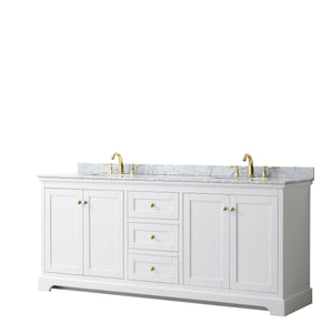 Avery 80 Inch Double Bathroom Vanity in White White Carrara Marble Countertop Undermount Oval Sinks Brushed Gold Trim