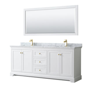 Avery 80 Inch Double Bathroom Vanity in White White Carrara Marble Countertop Undermount Square Sinks 70 Inch Mirror Brushed Gold Trim