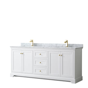 Avery 80 Inch Double Bathroom Vanity in White White Carrara Marble Countertop Undermount Square Sinks Brushed Gold Trim