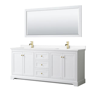 Avery 80 Inch Double Bathroom Vanity in White White Cultured Marble Countertop Undermount Square Sinks 70 Inch Mirror Brushed Gold Trim