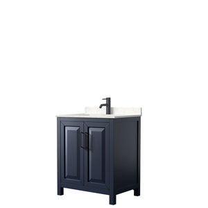 Daria 30 Inch Single Bathroom Vanity in Dark Blue Carrara Cultured Marble Countertop Undermount Square Sink Matte Black Trim