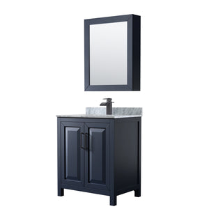 Daria 30 Inch Single Bathroom Vanity in Dark Blue White Carrara Marble Countertop Undermount Square Sink Matte Black Trim Medicine Cabinet