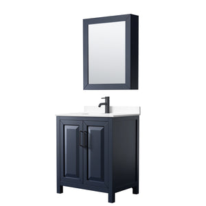 Daria 30 Inch Single Bathroom Vanity in Dark Blue White Cultured Marble Countertop Undermount Square Sink Matte Black Trim Medicine Cabinet